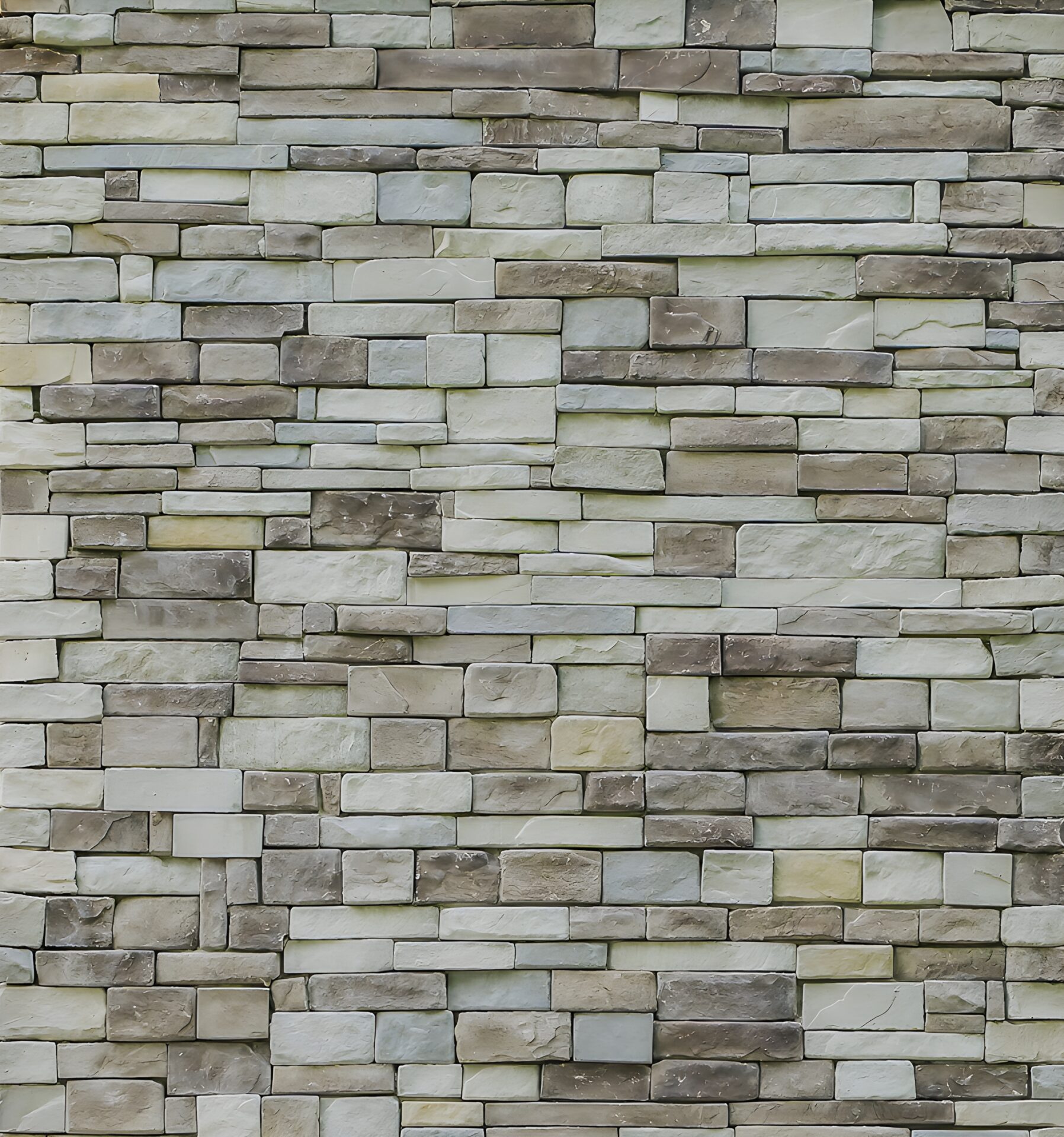 Close-up of an intricate stone wall pattern featuring a mix of gray and beige rectangular bricks, creating a textured and natural appearance.