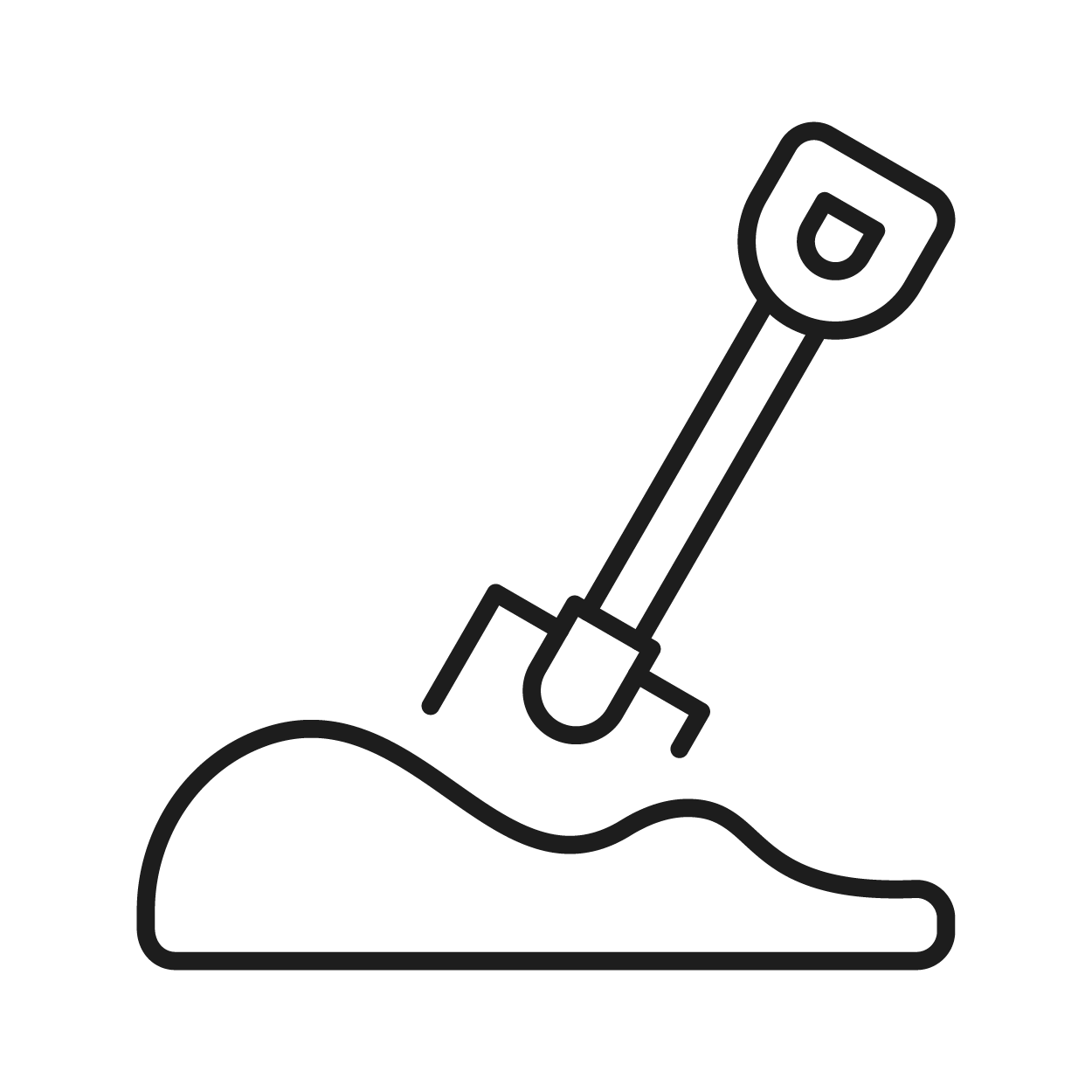 A simple line drawing shows a shovel inserted into a mound of dirt. The background is plain, emphasizing the single, dynamic motion.