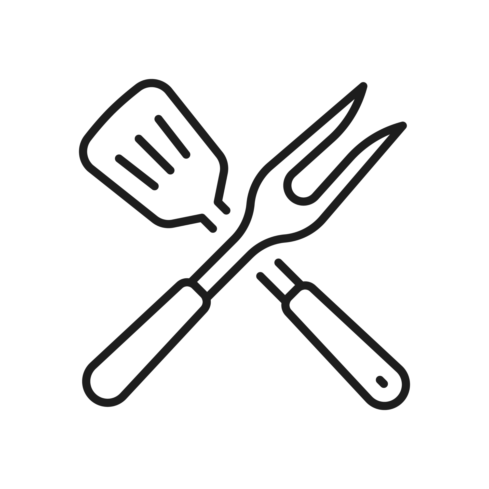 Two gardening tools, a hand fork and spade, are crossed in a simple black and white illustration, symbolizing gardening or planting.