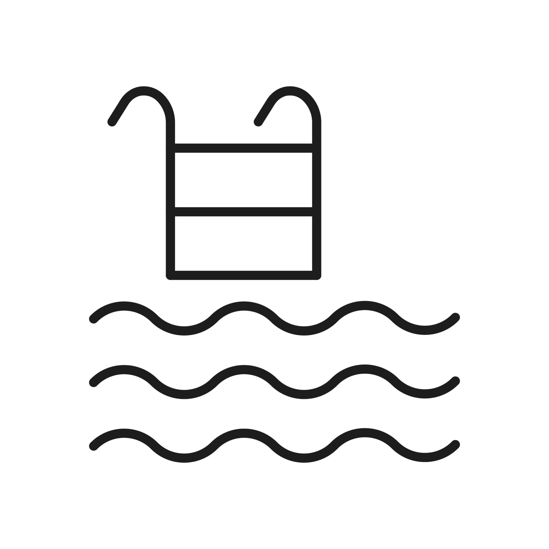 Minimalist icon depicting a ladder leading into wavy water, representing a swimming pool. Simple black lines on a white background.