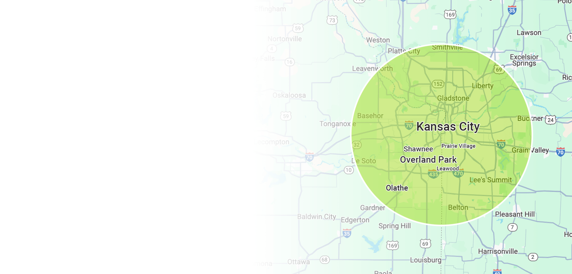 Map highlighting Kansas City and nearby areas, including Overland Park and Olathe, with highways marked. Green circle indicates a specific radius.