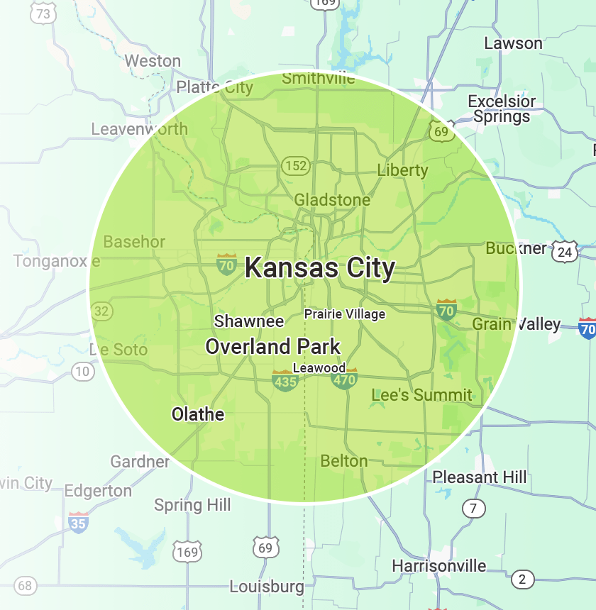 A map displaying Kansas City and surrounding areas, highlighting locations like Overland Park, Shawnee, and Liberty with highways and city boundaries marked.