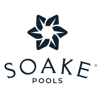 Logo featuring a stylized flower design above the words "Soake Pools" in bold, dark lettering on a white background.