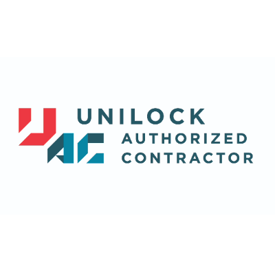 The image shows the Unilock Authorized Contractor logo in blue and red, featuring geometric shapes on a white background.