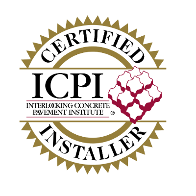 Certified Installer badge from the Interlocking Concrete Pavement Institute, featuring a decorative emblem with maroon geometric design and bold text.