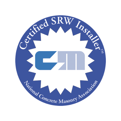 Blue and white circular logo for Certified SRW Installer, featuring CM initials. Associated with the National Concrete Masonry Association on outer ring.