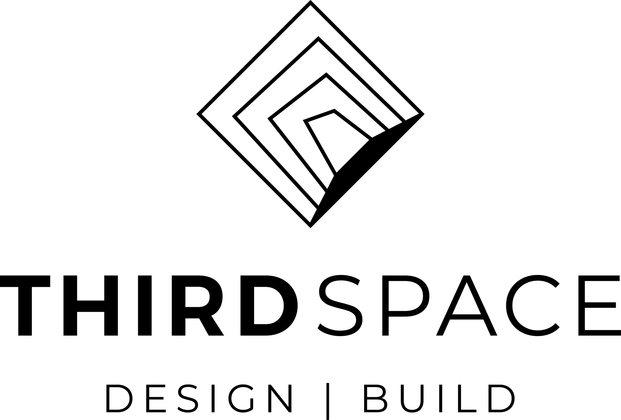 Geometric logo for "ThirdSpace Design | Build" features layered squares and bold text. Minimalist and modern design emphasizes architecture and construction themes.