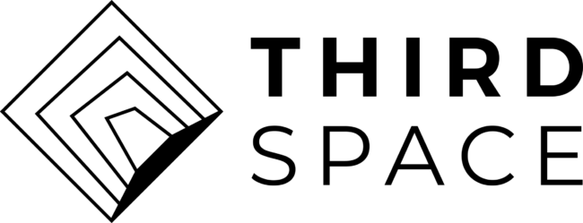 Geometric logo design with black lines, featuring nested shapes and the words "THIRD SPACE" in bold text. Minimalist and modern aesthetic.