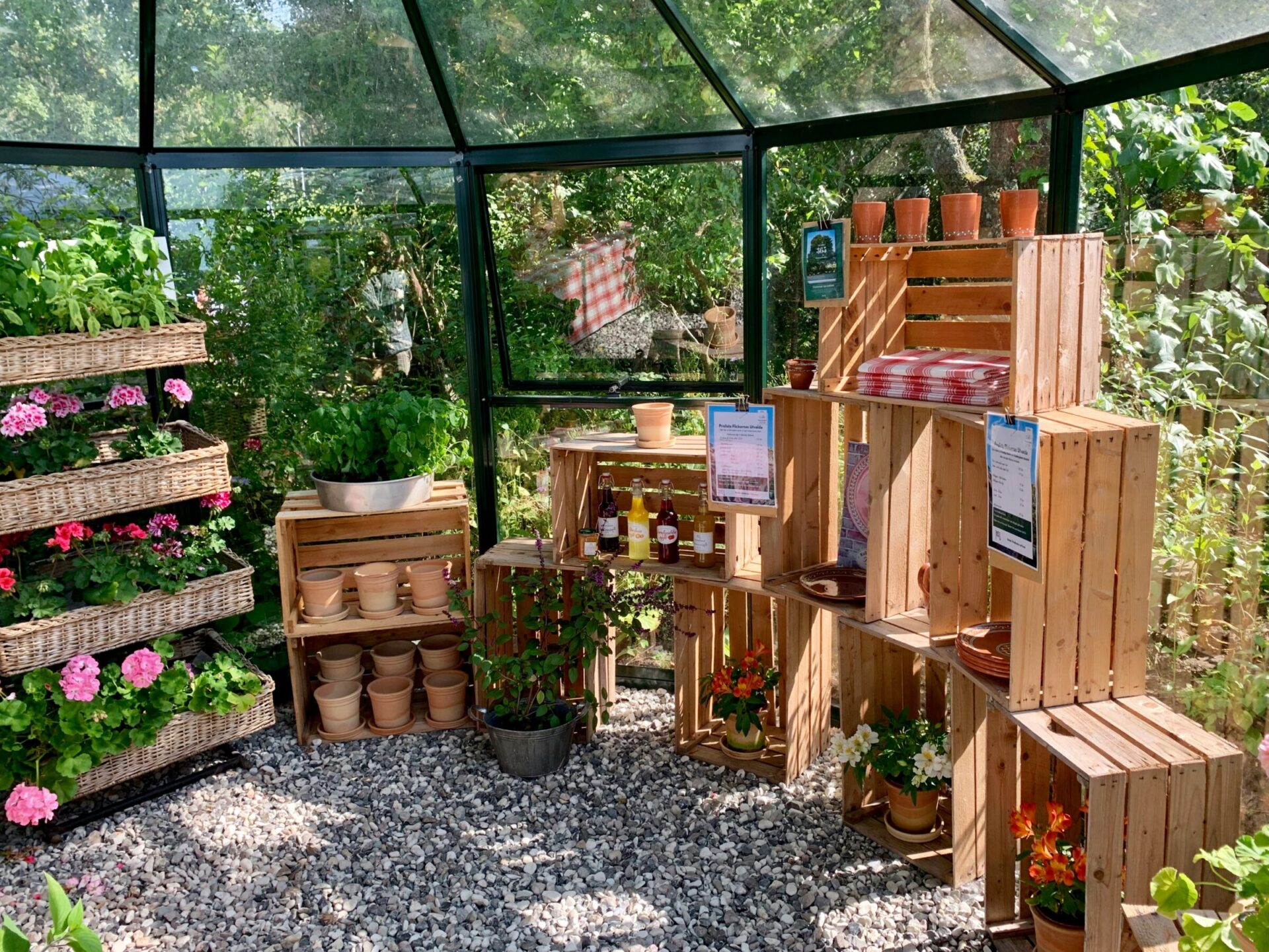 A small greenhouse displays potted plants, flowers, and wooden crates with bottles and decor. Shelves hold more plants against the glass enclosure.