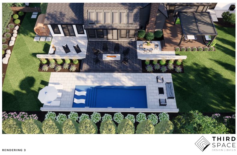 Backyard features a pool, lounge area, and covered patio. Elegant landscaping surrounds the space, creating a modern, inviting outdoor oasis.