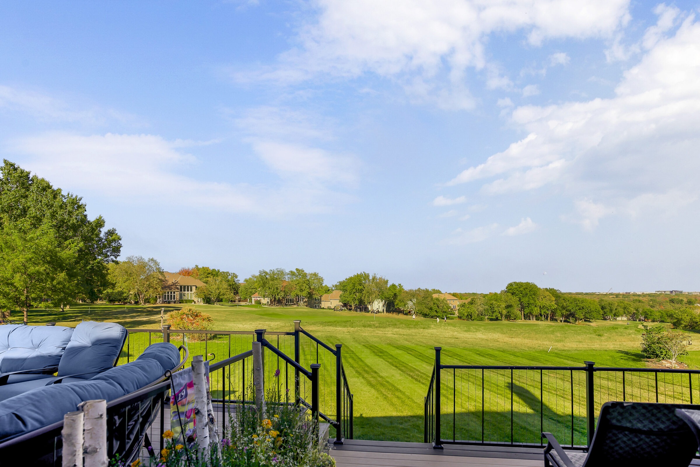 Spacious backyard view with green lawn, patio furniture, and trees. Suburban houses are visible in the distance under a partly cloudy sky.