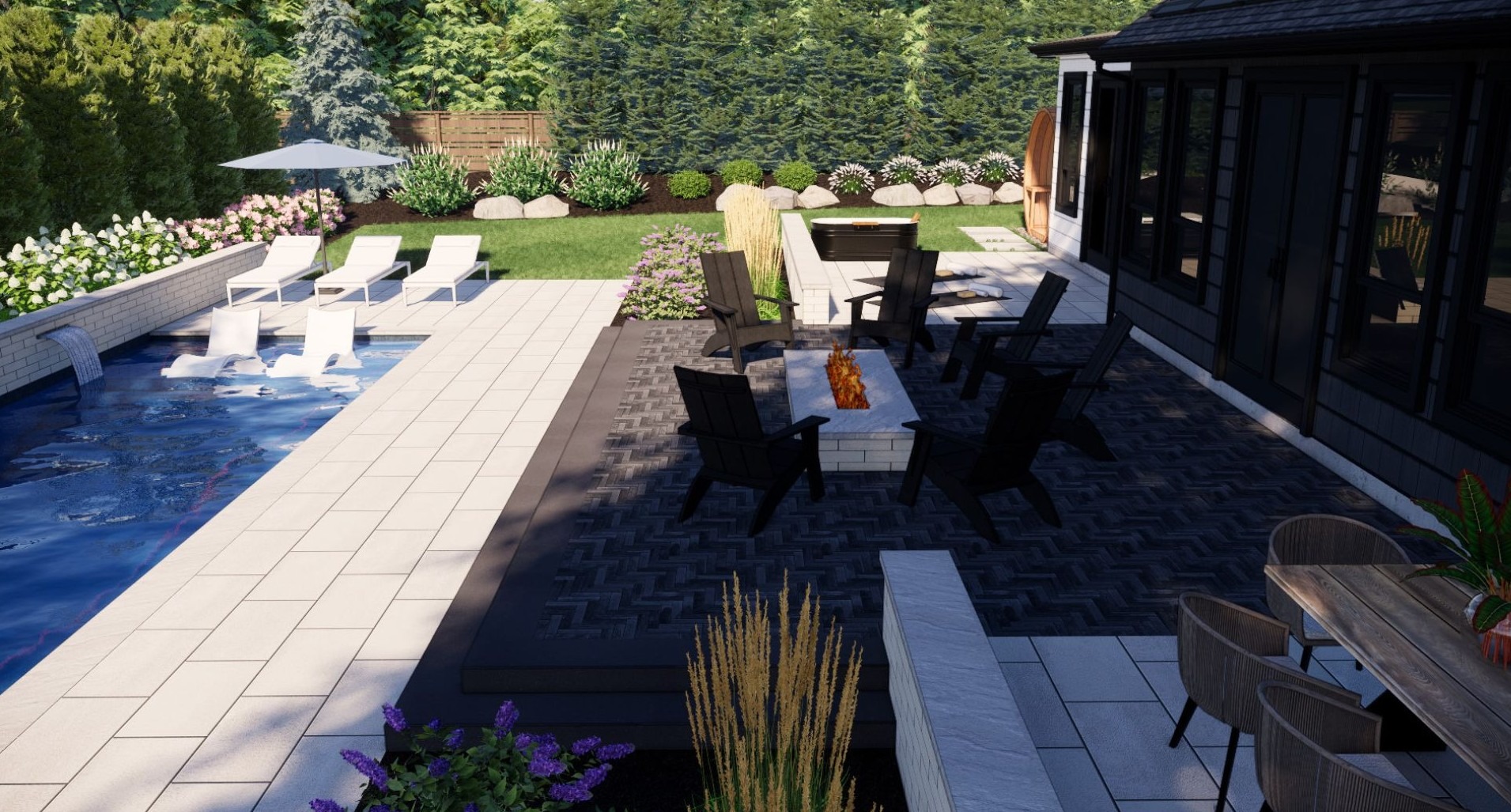 A modern backyard features a pool, lounge chairs, fire pit with chairs, landscaped greenery, and a patio table adjacent to the house.