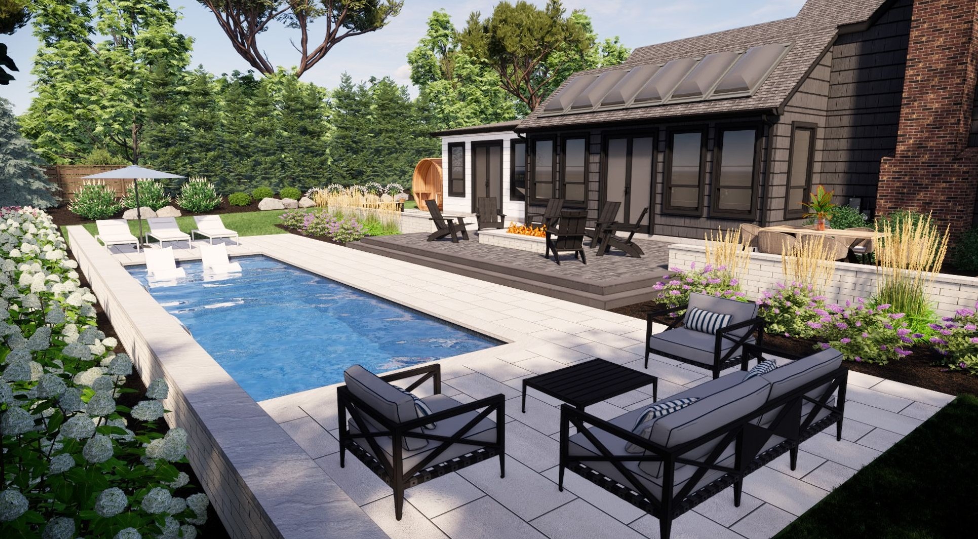 Modern backyard scene featuring a pool, lounge chairs, fire pit, and diverse landscaping. Cozy, inviting outdoor space with contemporary furniture.
