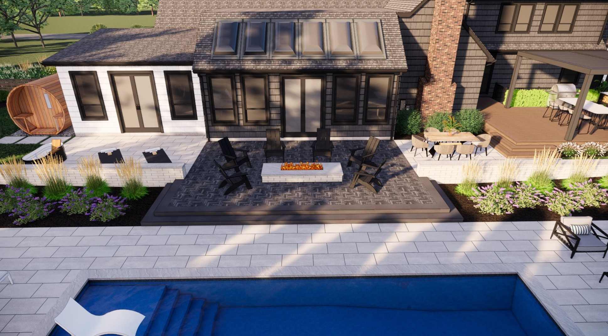 Modern backyard with pool, firepit surrounded by chairs, outdoor dining area, lush landscaping, and a sauna, adjacent to a stylish house.