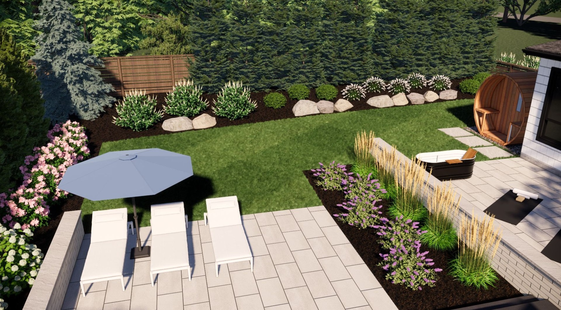 Modern backyard with patio, lounge chairs, umbrella, neatly trimmed grass, vibrant flowers, hot tub, and a small sauna. Lush greenery surrounds the area.