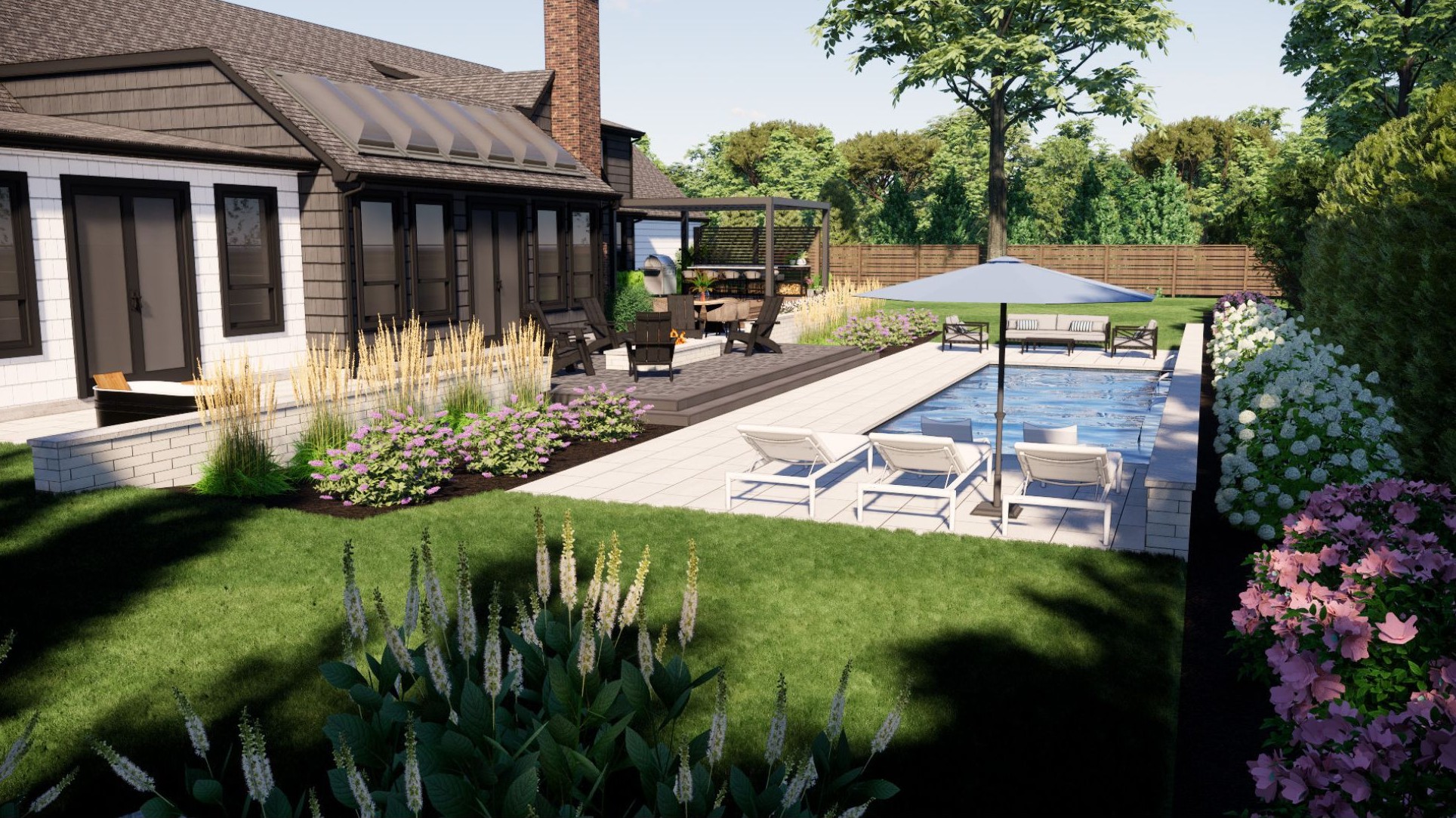 A modern backyard with a swimming pool, patio seating, and lush landscaping. House features dark shingles and large windows.