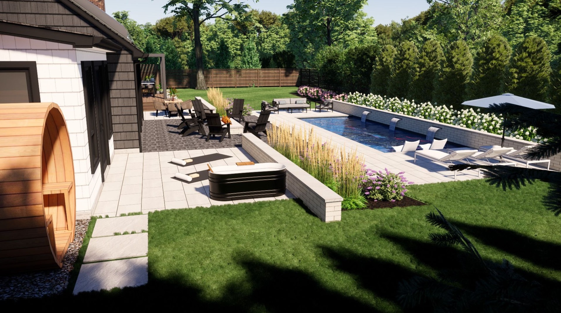 A modern backyard features a swimming pool, lounge chairs, a deck with seating, and a sauna barrel surrounded by lush greenery and flowers.