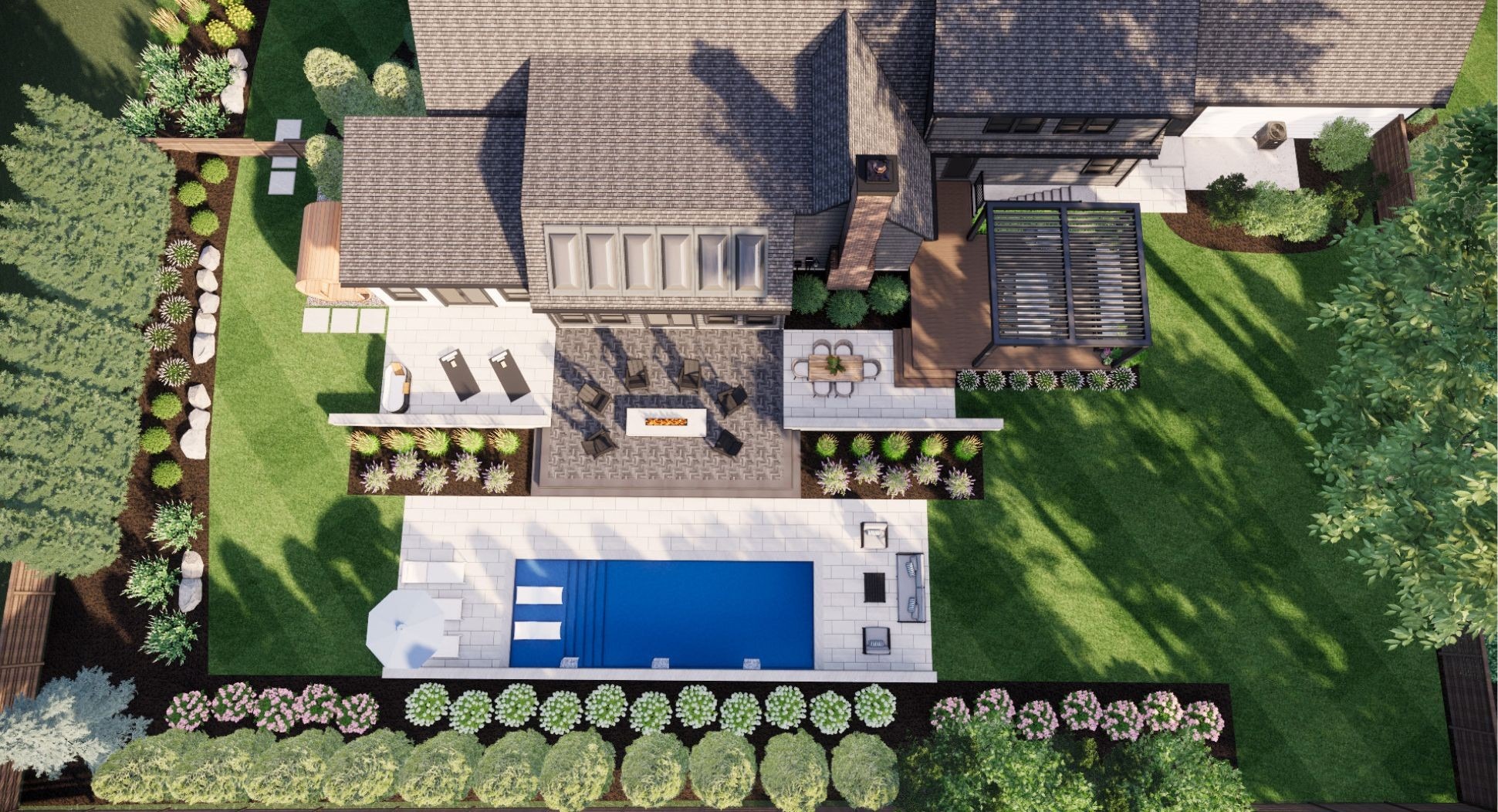 Aerial view of a modern backyard featuring a pool, patio with seating area, pergola, and landscaped garden with trees and shrubs.