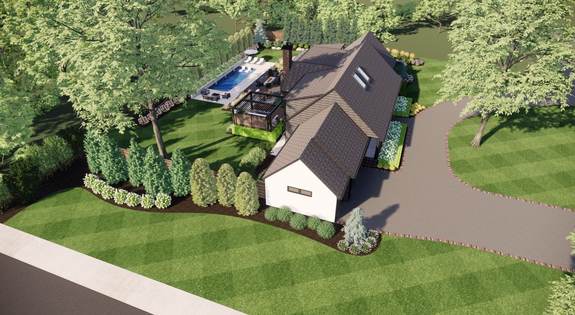 Aerial view of a modern house with a swimming pool, lush garden, trees, and winding driveway in a landscaped yard.
