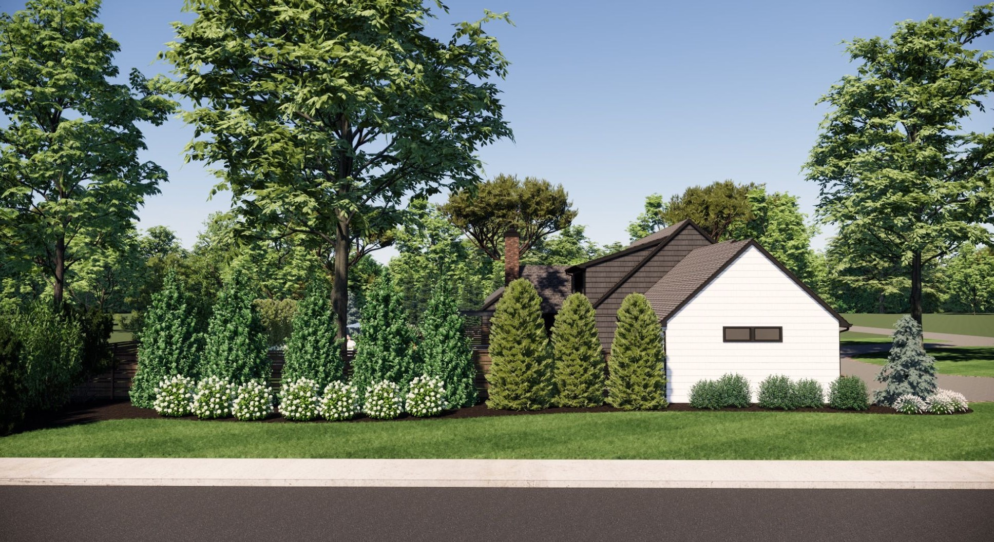 A charming house surrounded by lush green trees and bushes on a sunny day, set in a serene suburban neighborhood.