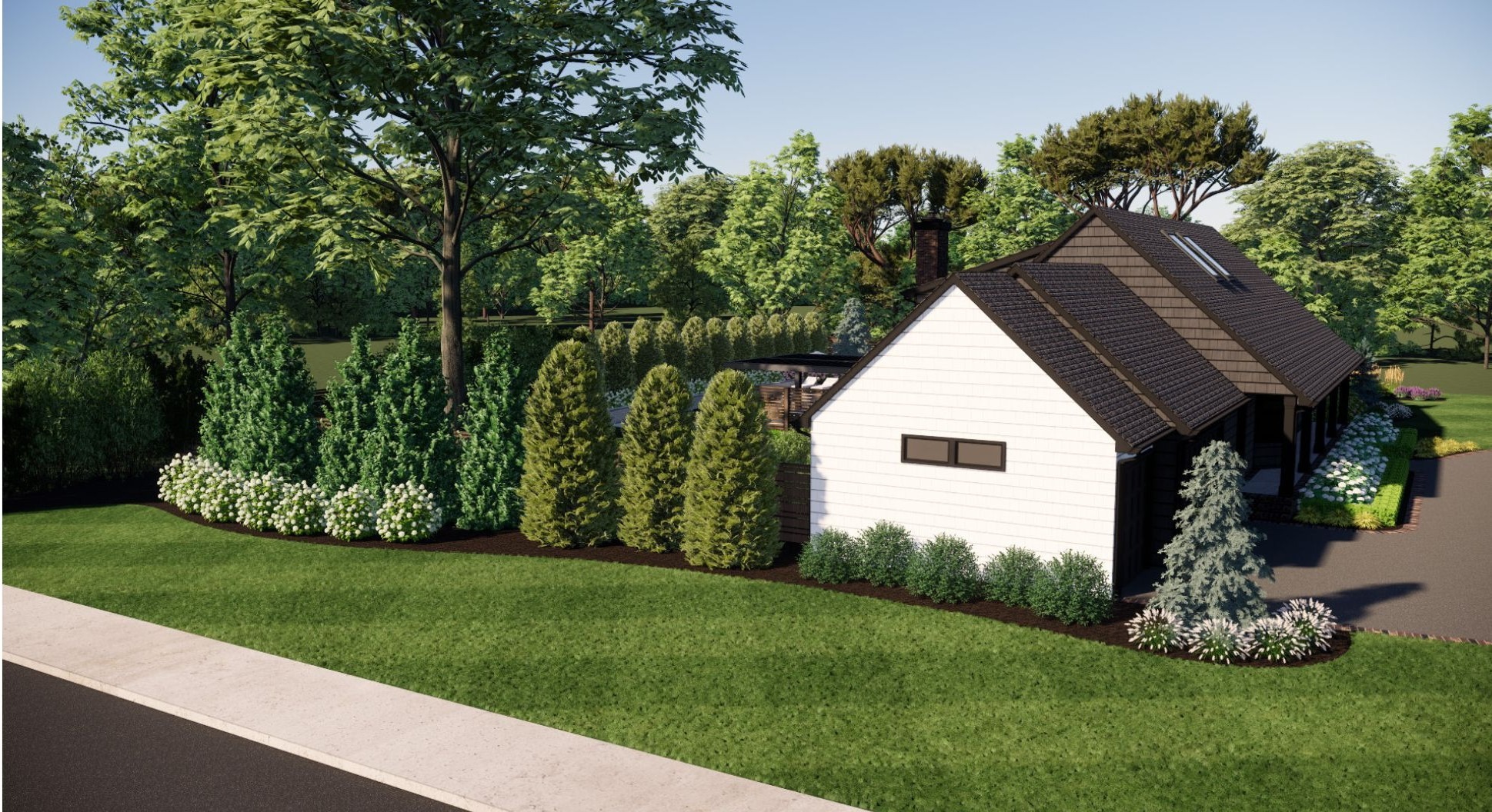 A serene suburban house surrounded by lush greenery and neatly arranged hedges, with a clear sky and no recognizable landmarks visible.