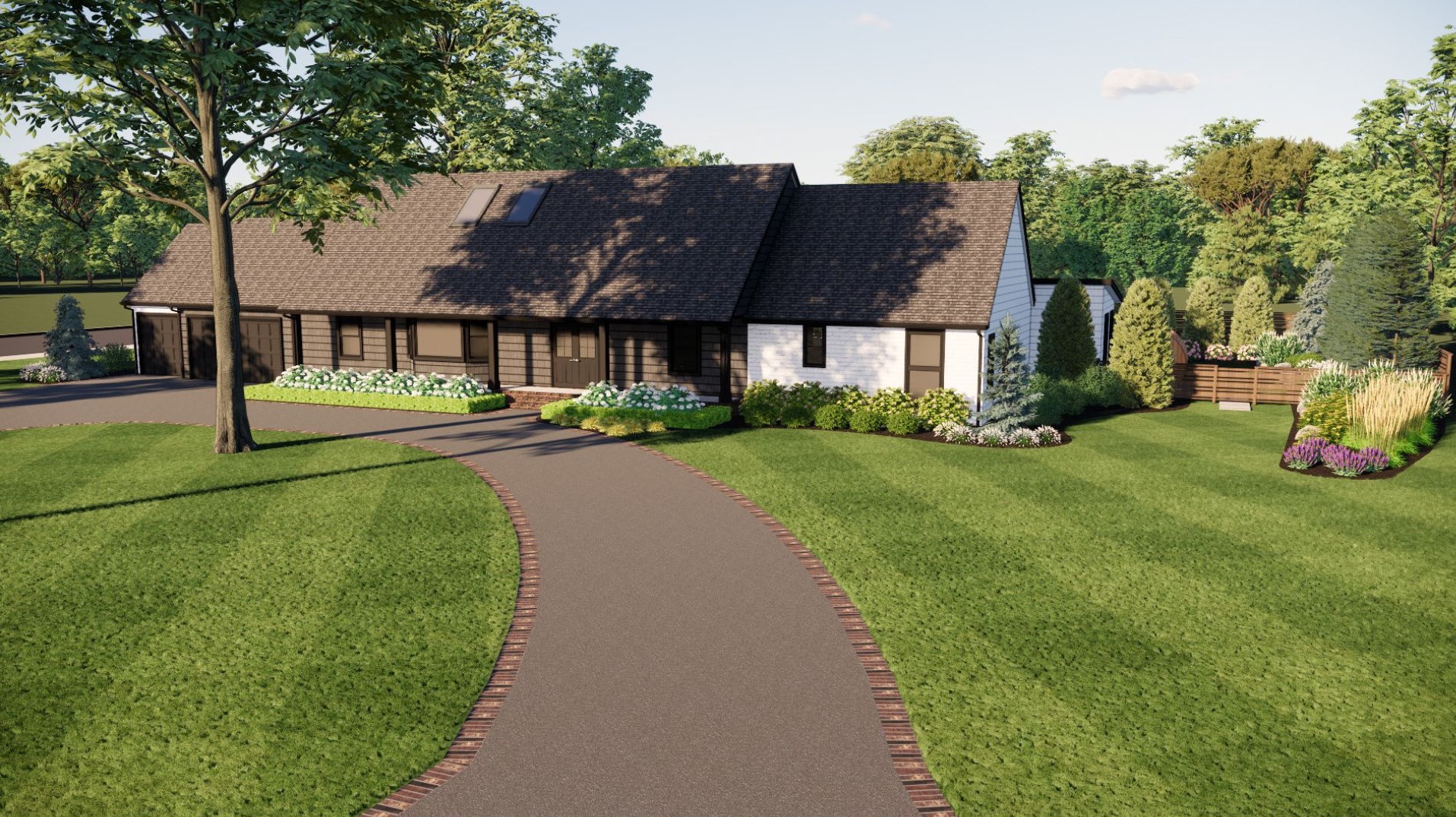 A single-story house with a dark roof is surrounded by well-maintained gardens, trees, and a curved driveway under a clear sky.