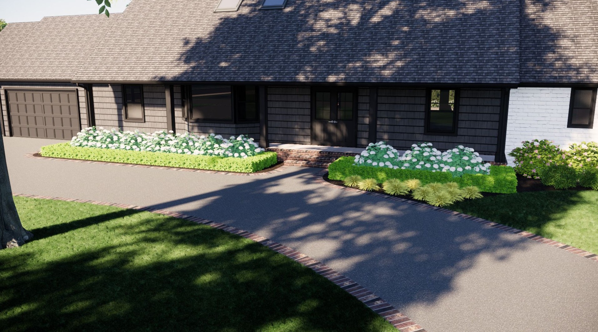 A modern suburban house with a garden, garage, and curved driveway. The flower beds enhance the facade under a clear blue sky.