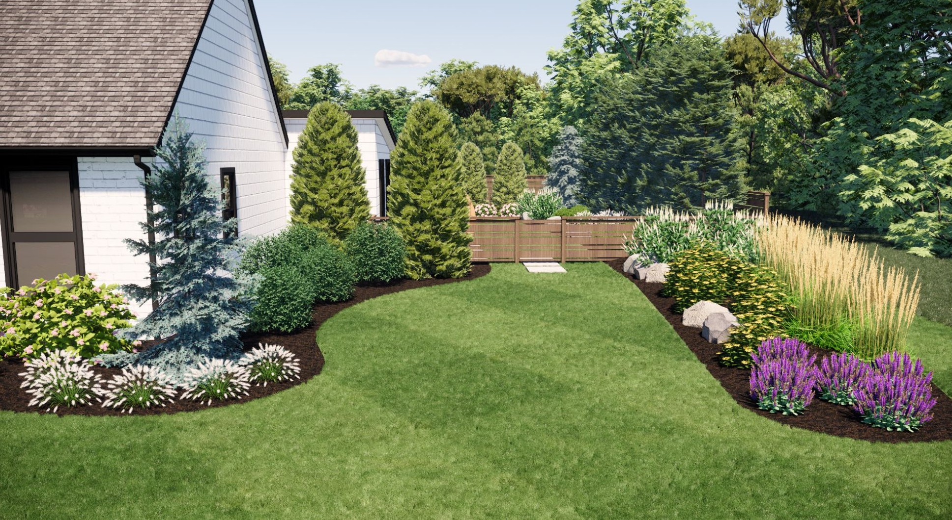 A lush garden with colorful flowers and trees surrounds a white house, bordered by a wooden fence and vibrant greenery.