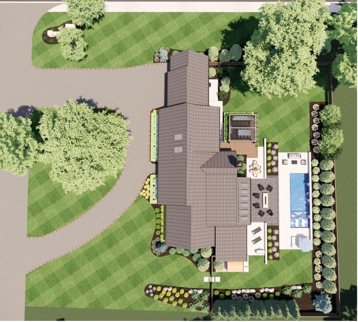 Aerial view of a landscaped property with a modern house, pool, and patio, surrounded by trees and pathways.
