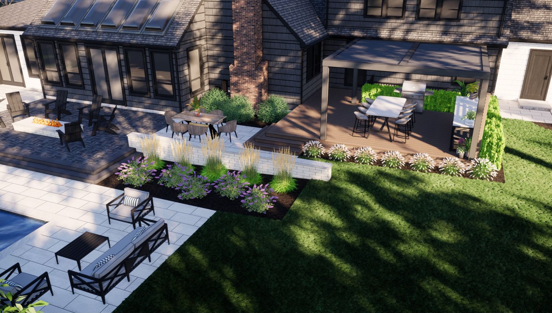 Spacious backyard with patio furniture, fire pit, pergola, and lush landscaping. Modern house exterior with large windows and cozy outdoor seating area.