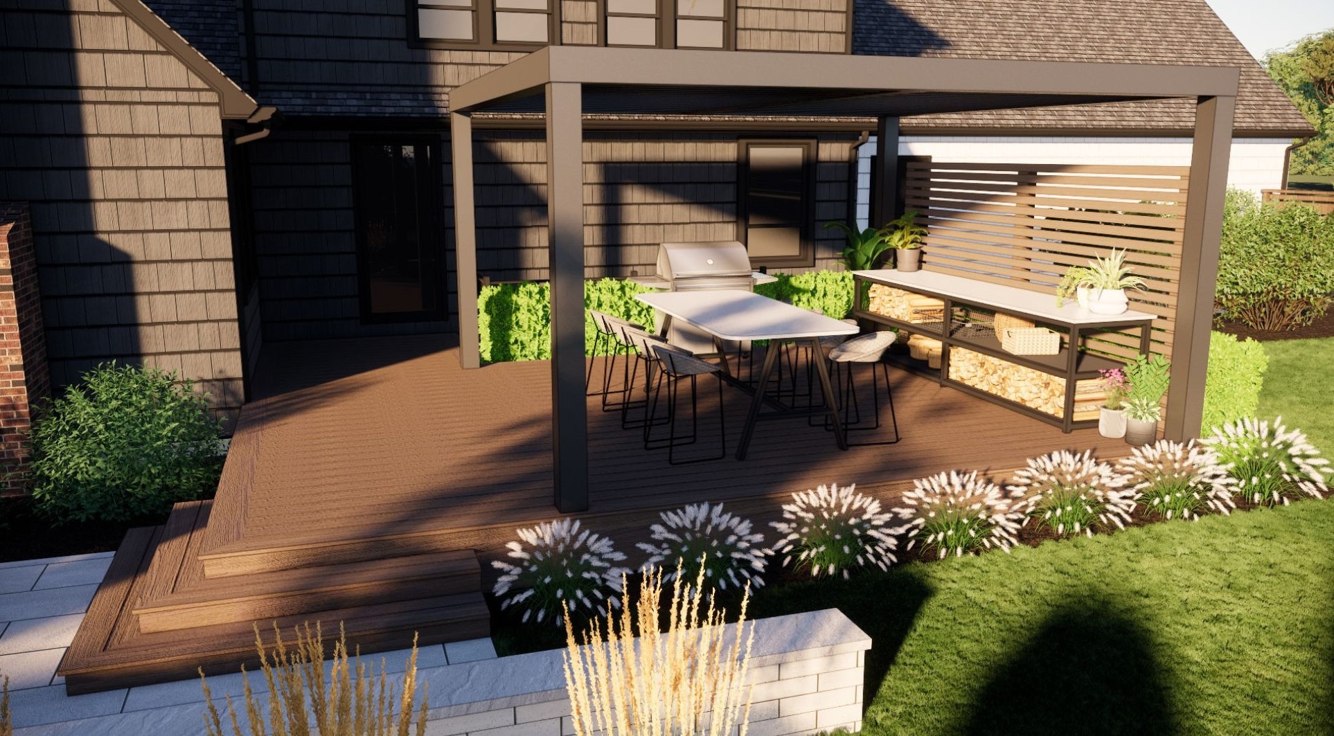 Modern backyard patio with pergola, dining table, chairs, and grill. Surrounded by lush greenery and decorative plants on a wooden deck.