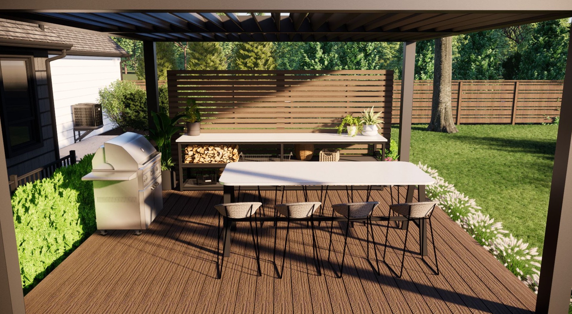 A modern patio features a grill, dining table, and chairs under a pergola, surrounded by plants and wooden fencing in a garden.