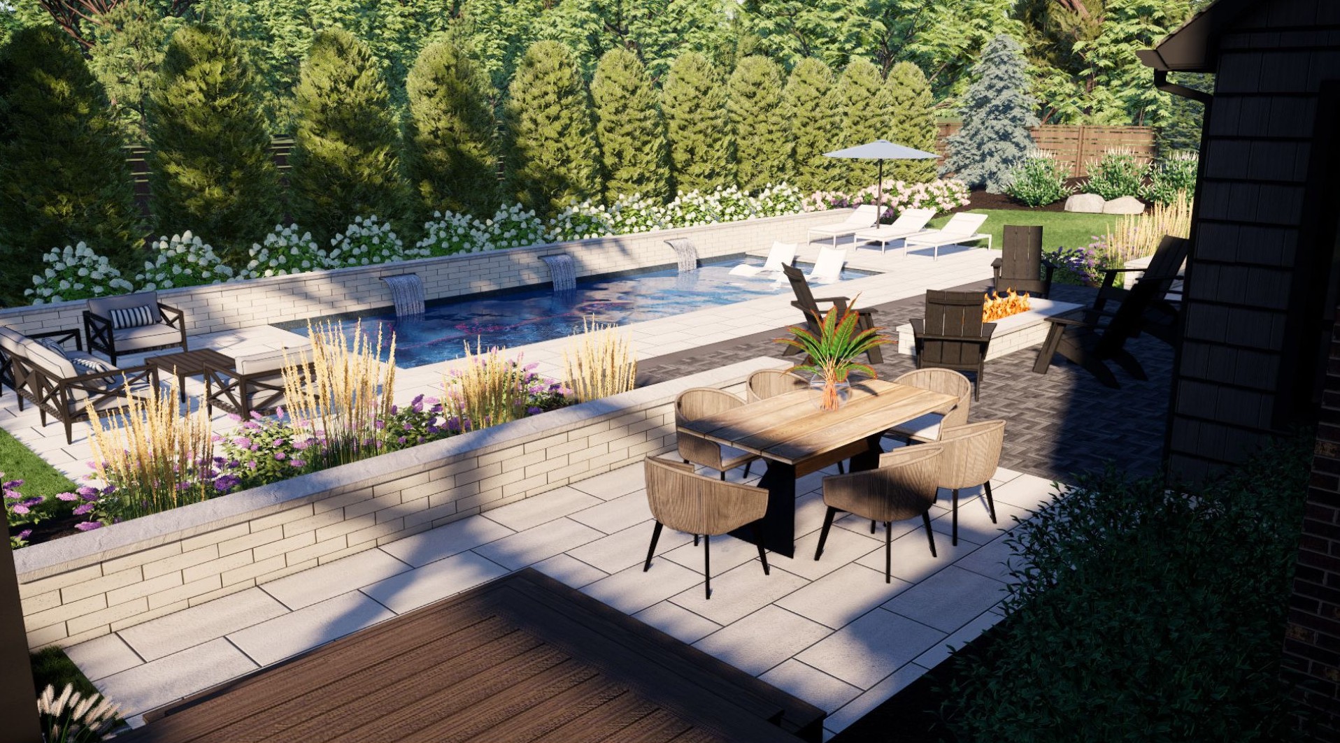 Modern backyard with a swimming pool, multiple seating areas, fire pit, lush greenery, and a dining setup, creating a serene outdoor living space.