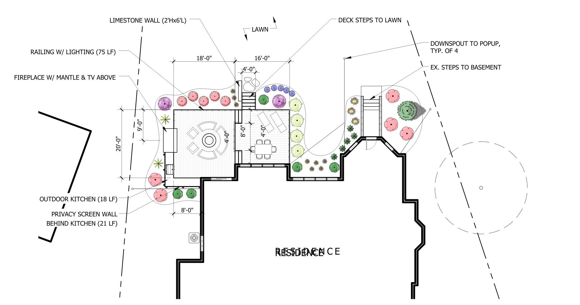 Landscape design layout featuring outdoor kitchen, seating areas, fireplace, privacy screen, and decorative plants surrounding a residence. Includes measurements and construction details.
