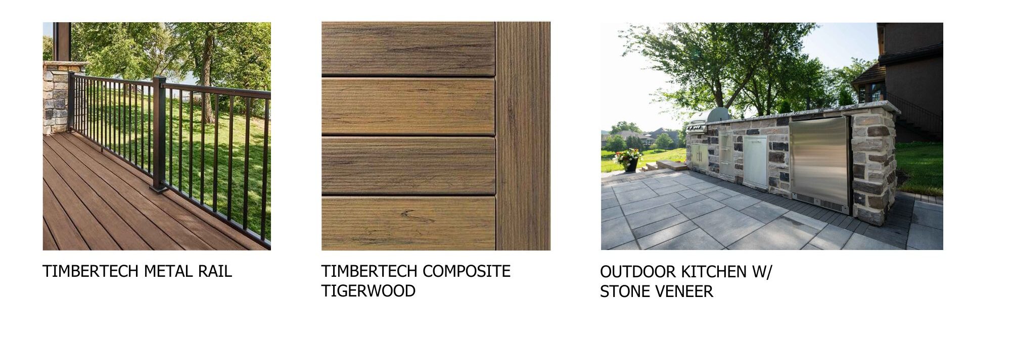 Three images showcase TimberTech metal rail, composite Tigerwood, and an outdoor kitchen with stone veneer, featuring a lush, green background.