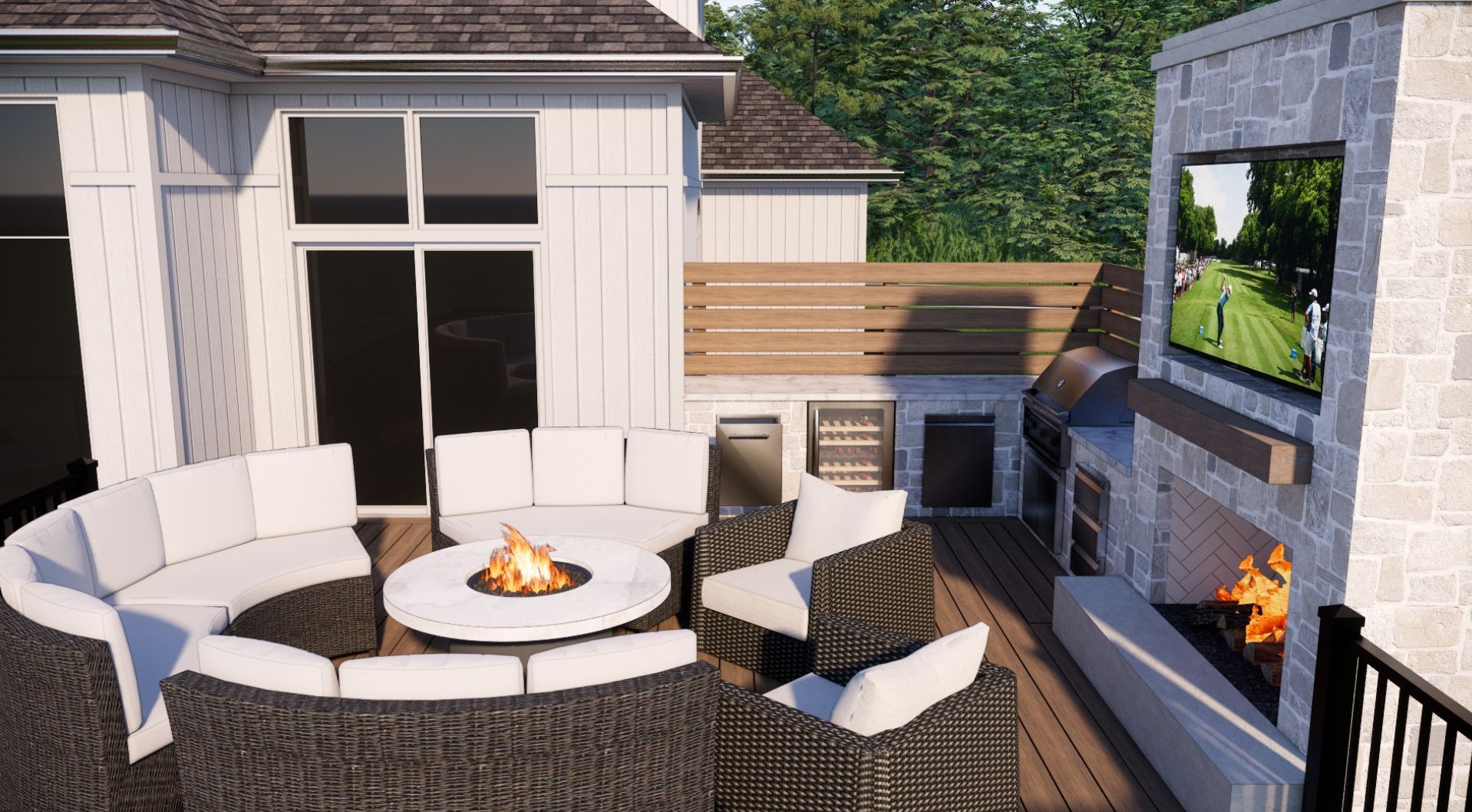 Modern patio with circular outdoor seating, a central fire pit, and a stone fireplace featuring a mounted TV. Equipped with a barbecue grill.