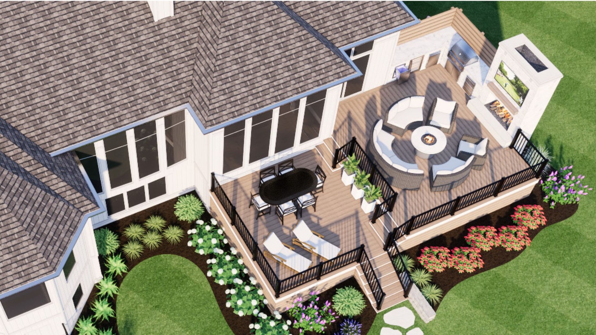 Aerial view of a modern deck with seating, fire pit, and plants. Features include a dining area, lounge chairs, and outdoor fireplace.