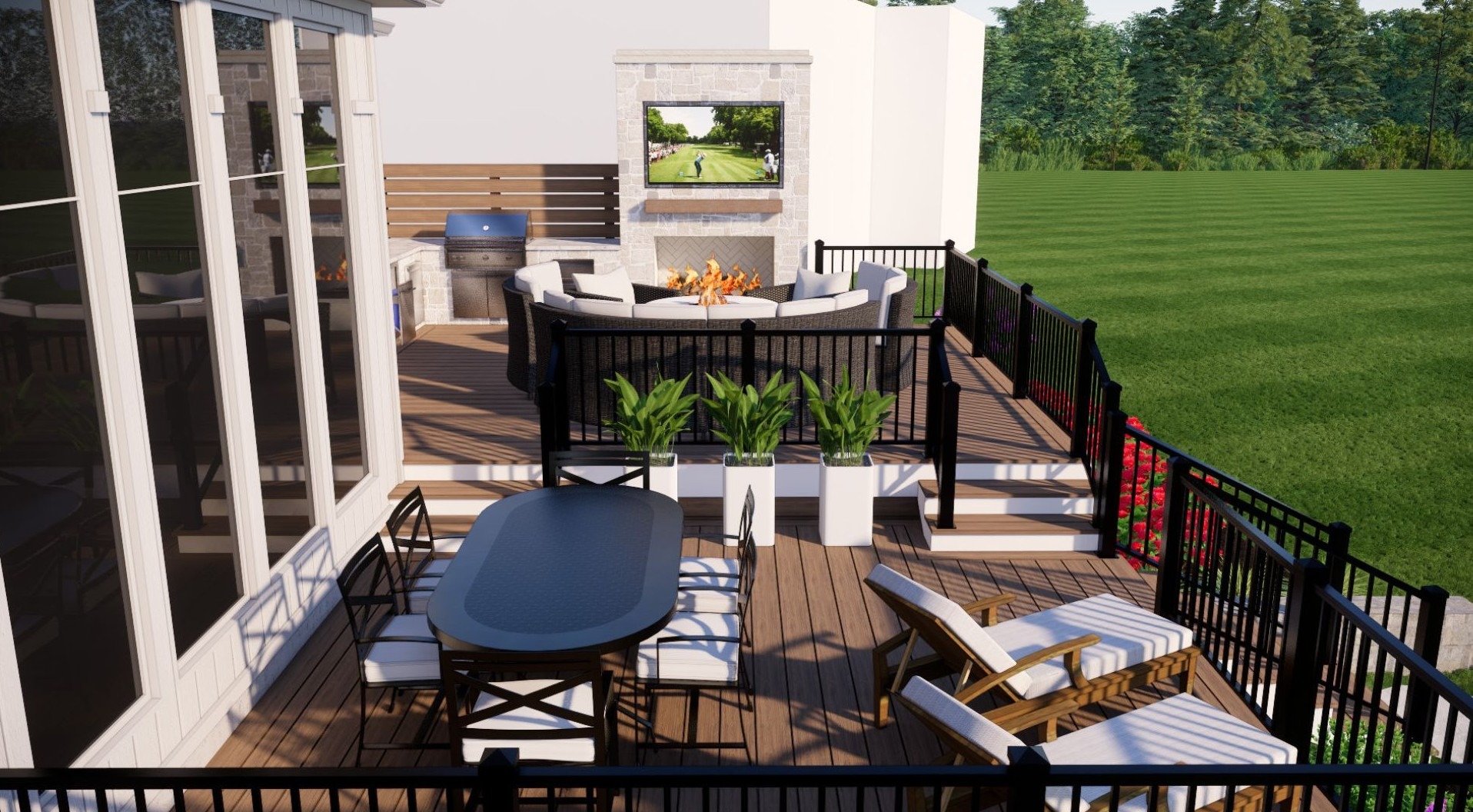 Spacious deck with modern outdoor furniture, fireplace, and TV, surrounded by greenery. Stylish design includes dining area and lounge chairs.