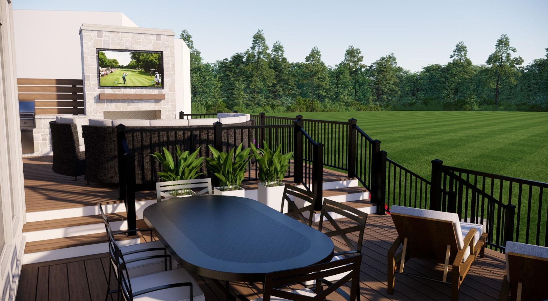 Outdoor patio with a dining table, chairs, plants, and TV showing a golf game. Overlooks spacious lawn and forested background.
