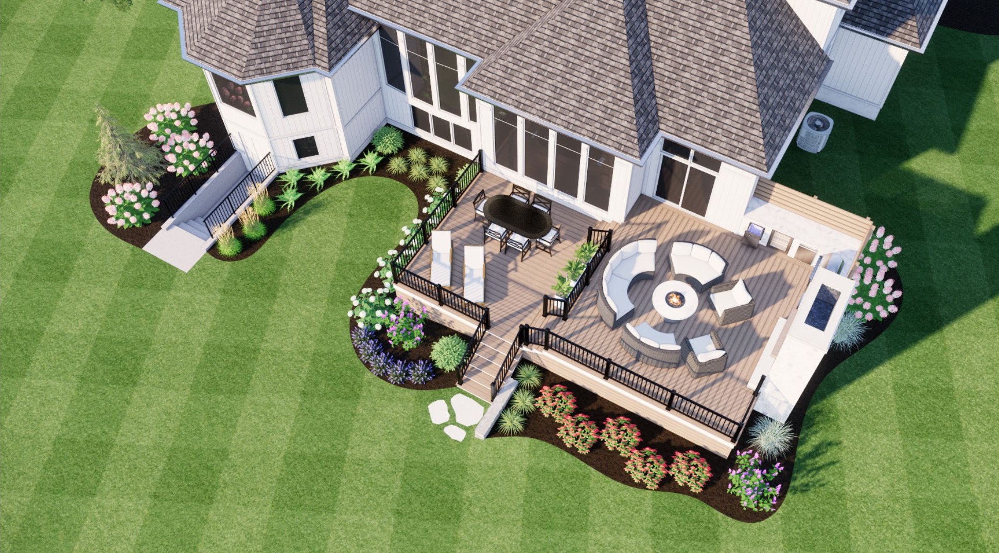 Modern house with spacious deck, outdoor seating, grill, and neatly landscaped garden. Features elegant patio furniture and vibrant flower beds, creating a welcoming atmosphere.
