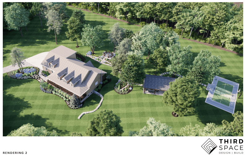 Landscaped yard features large house, tennis court, gazebo, and gardens, surrounded by trees. Designed by Third Space Design Build.