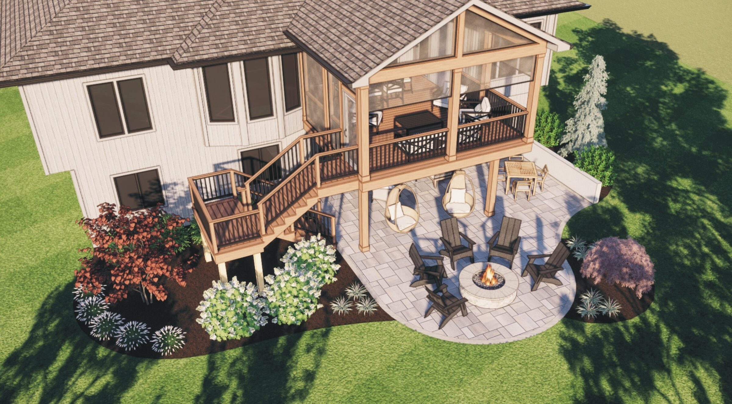 A two-story house features a wooden deck and patio with seating, fire pit, greenery, and hanging chairs for outdoor relaxation.