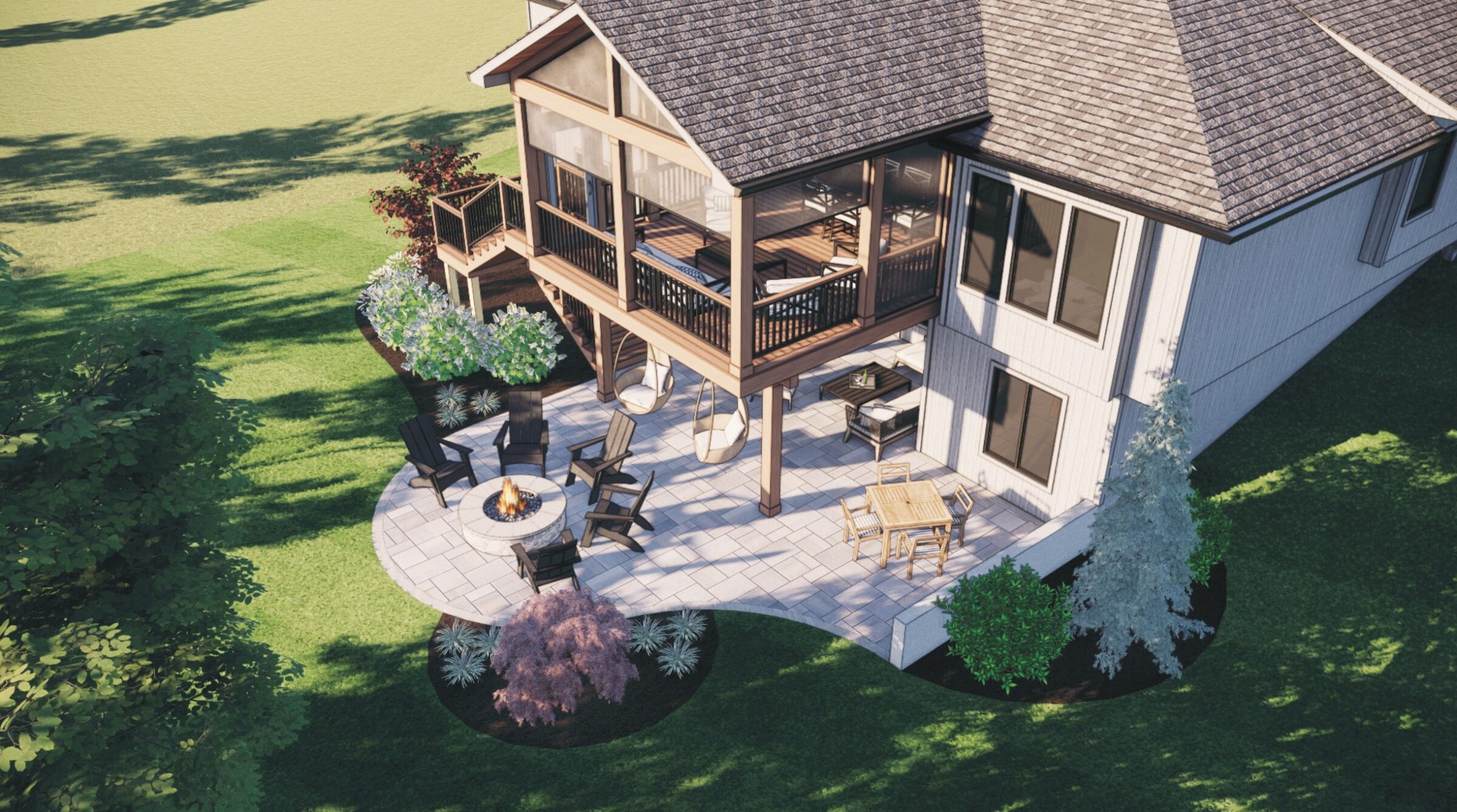 Elevated porch with seating, surrounded by green lawn. Patio below features fire pit, chairs, and dining set amidst landscaped garden.