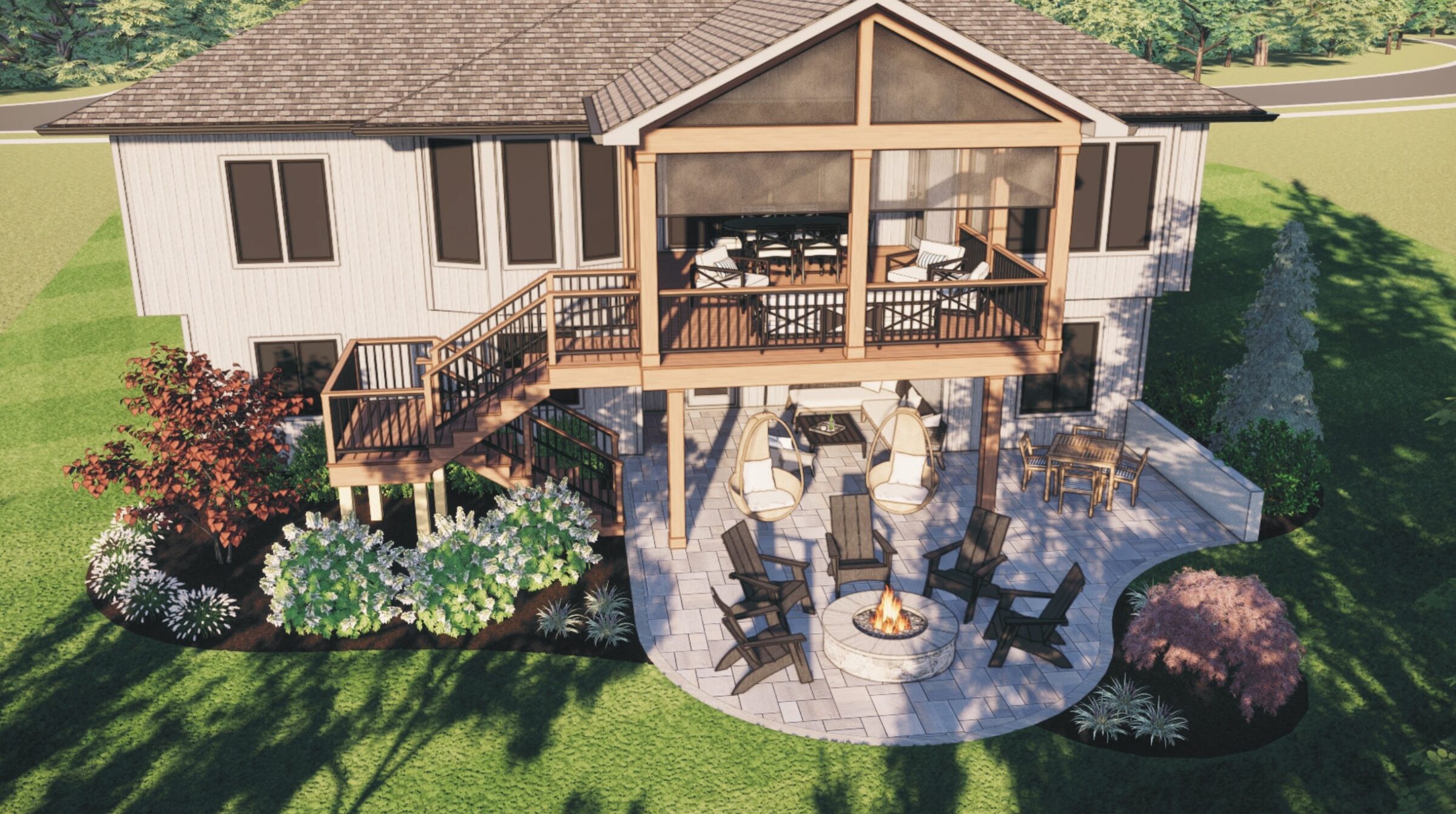 A modern house with a raised deck, outdoor seating, fire pit, and landscaped garden. Surrounded by lush greenery and trees.