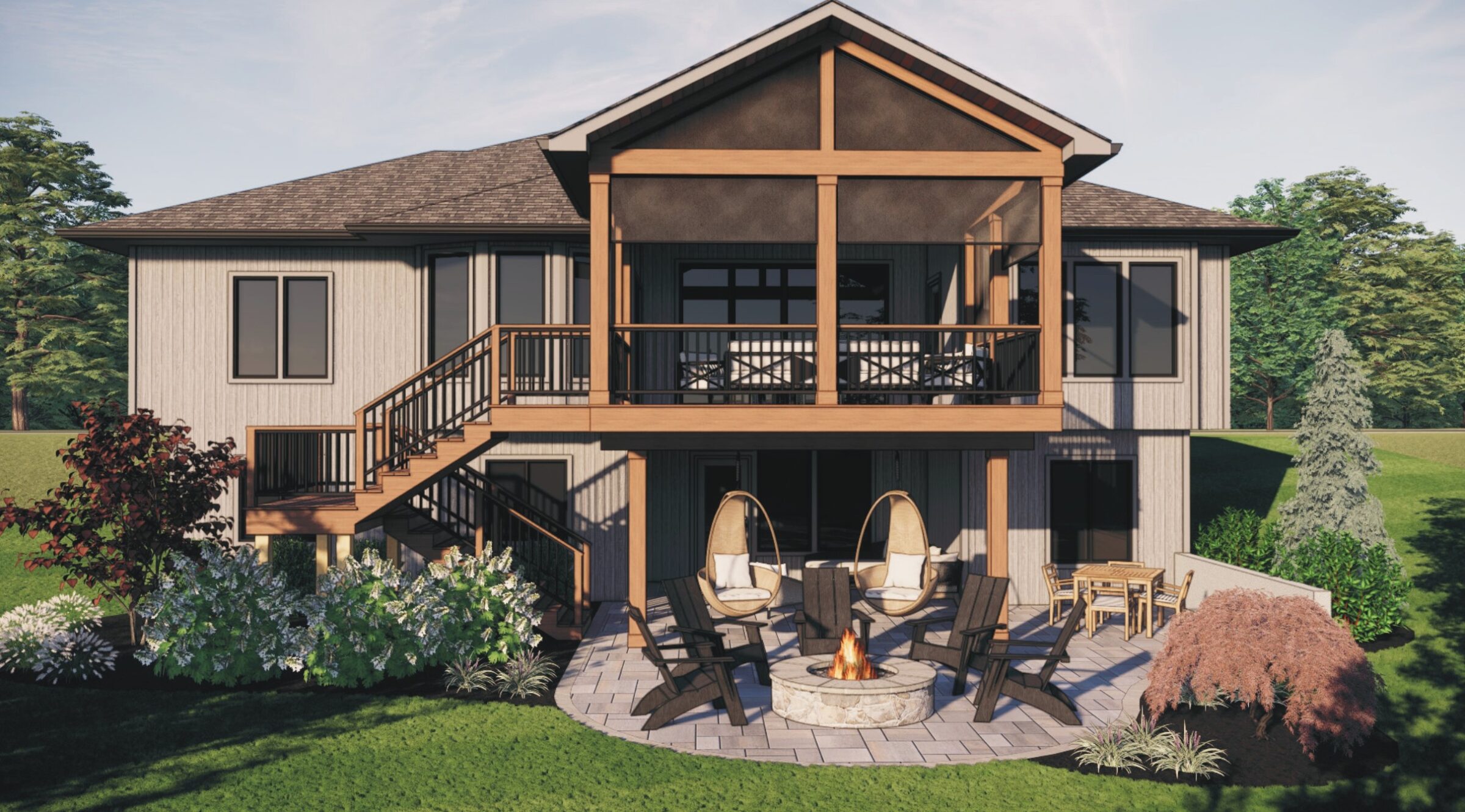 Modern two-story house with wooden deck and outdoor seating around a fire pit, set in a landscaped backyard with trees and bushes.