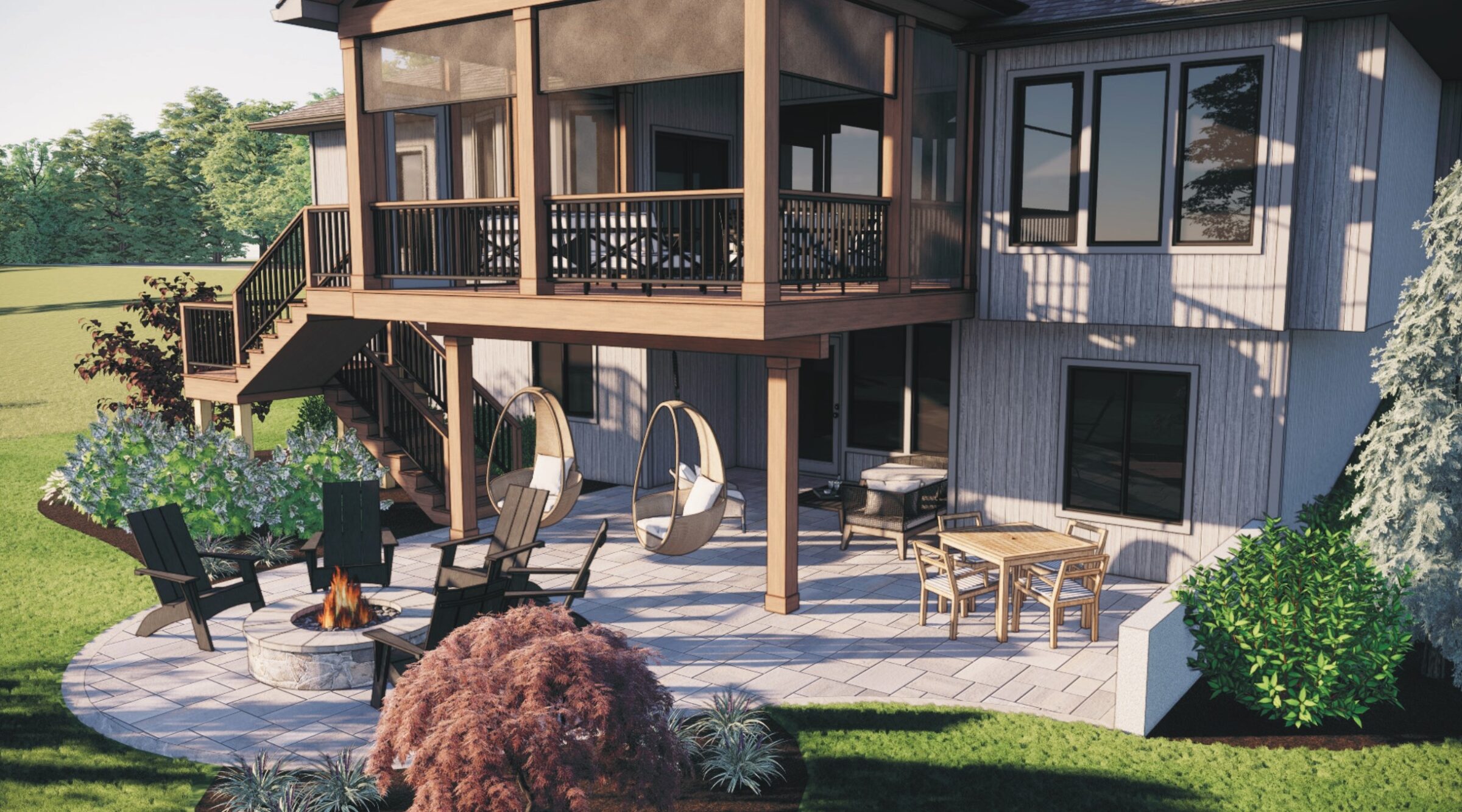 A modern patio features a spacious deck, hanging chairs, Adirondack chairs around a fire pit, surrounded by lush greenery and trees.