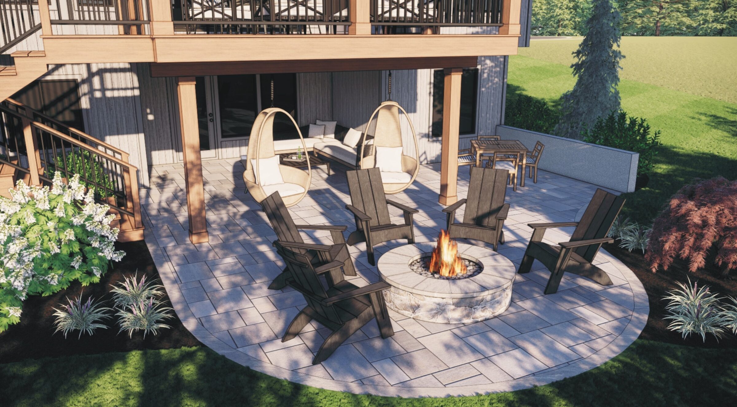 A cozy patio features a fire pit with Adirondack chairs, hanging seats, and a dining set, surrounded by lush greenery and flowers.