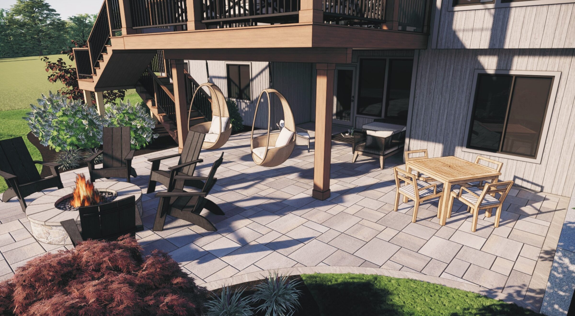 A backyard patio with chairs around a fire pit, hanging seats, and a wooden dining set beneath a deck, surrounded by lush greenery.