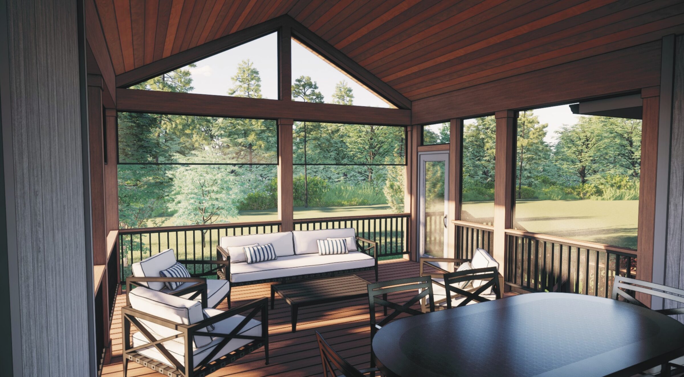 A cozy patio with wooden furniture, surrounded by lush greenery, under a vaulted wooden ceiling with large windows offering a scenic view.