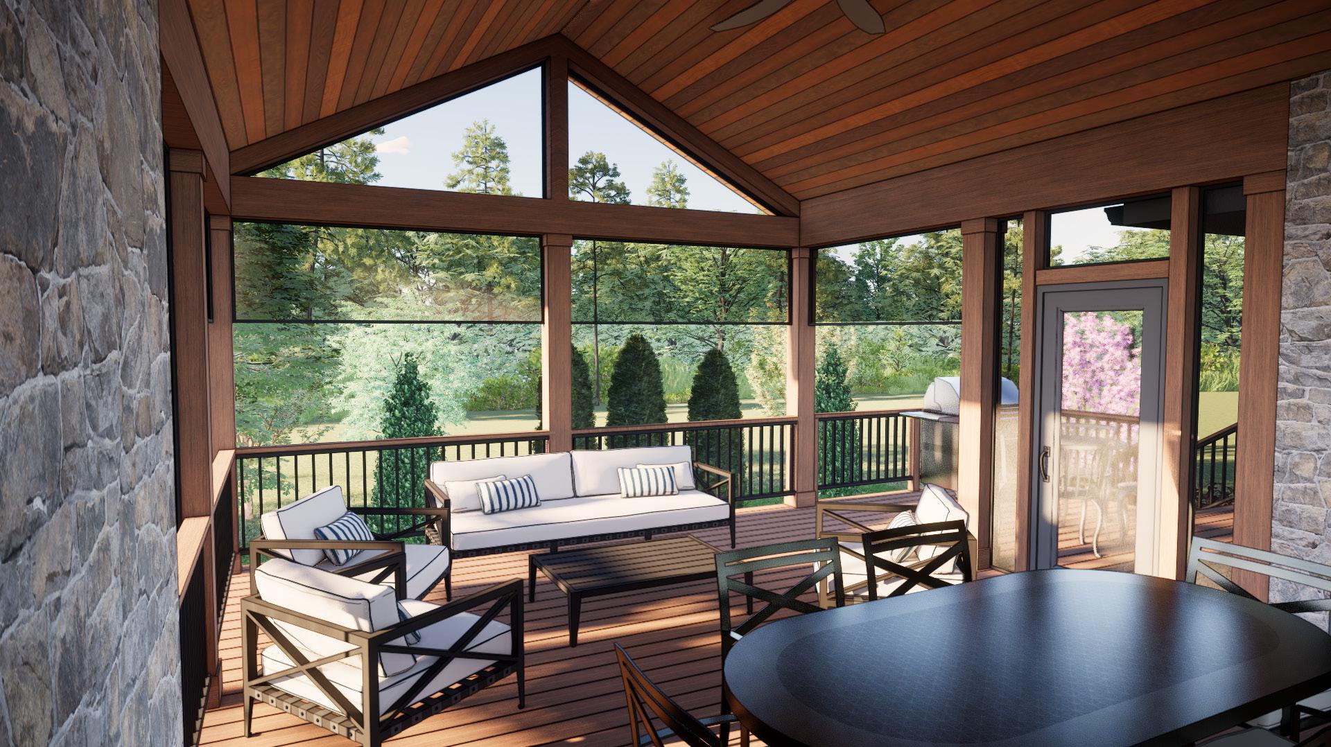 A cozy sunroom with wooden furnishings overlooks a lush garden, featuring comfortable seating, a stone wall, and a large glass door.
